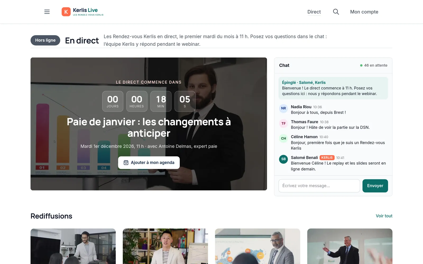 The live page before the session starts, with a countdown and an Add to calendar link