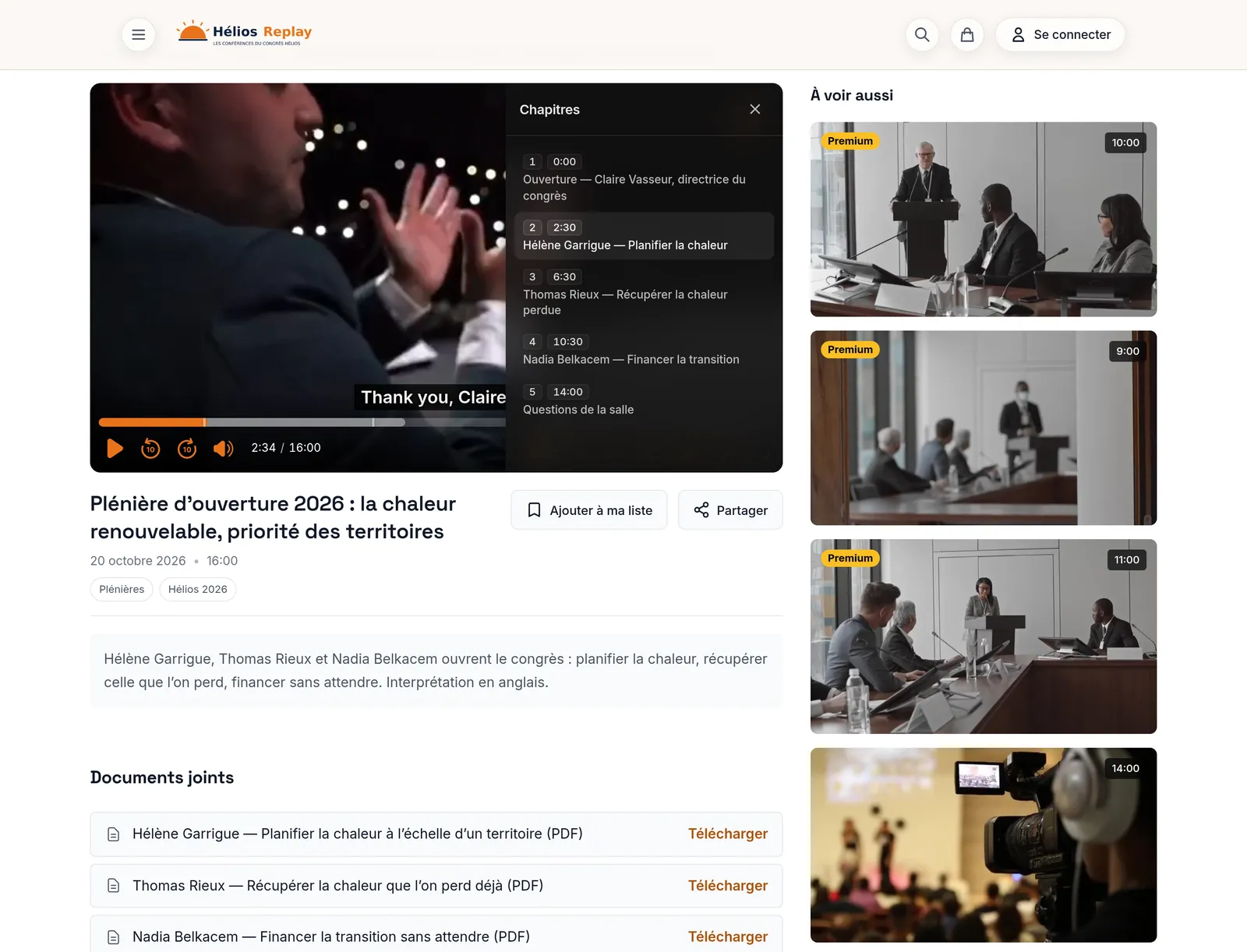 A plenary playing with English subtitles, chapters per speaker, and the attachments under the video