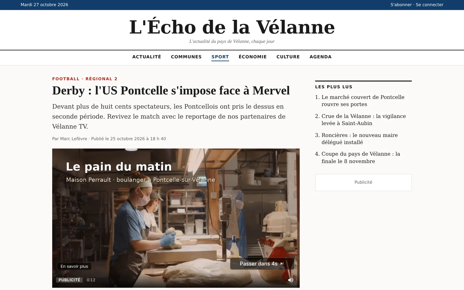 A local advertiser's spot before an embedded report on the partner newspaper's site, with its countdown and Skip button