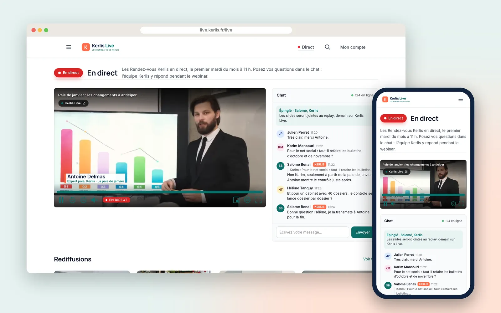 The webinar live on desktop and mobile: the Live badge, the speaker with their slides, and the chat