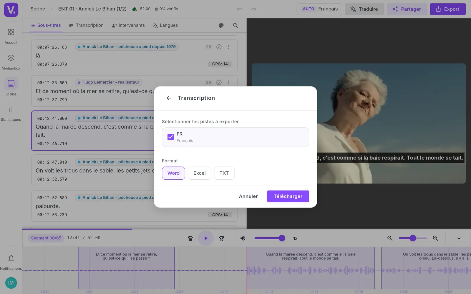 Scribe's export dialog, Transcript selected, the French track ticked and the Word, spreadsheet and TXT formats