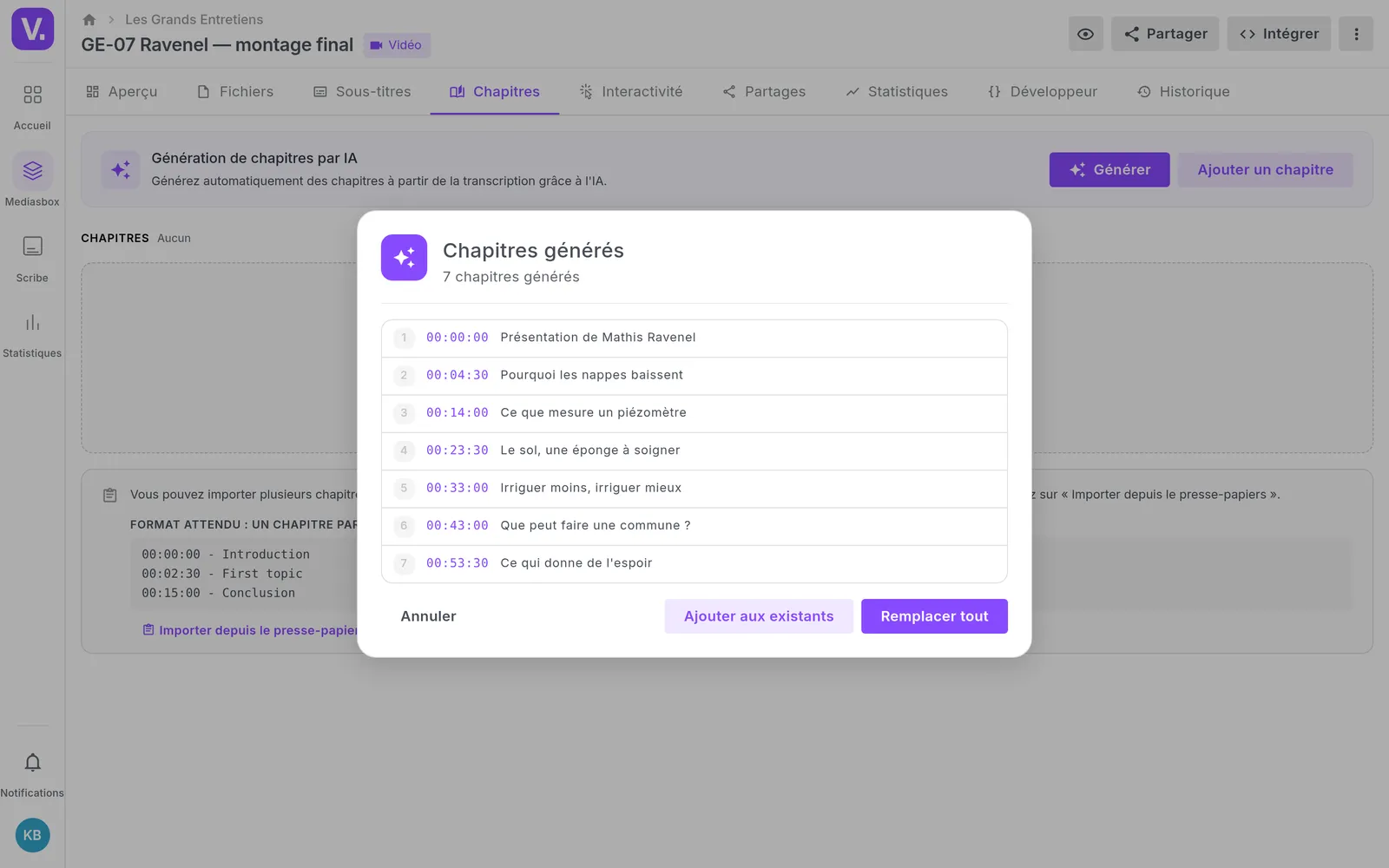 The episode's chapters tab, with proposals drawn from the transcript awaiting approval