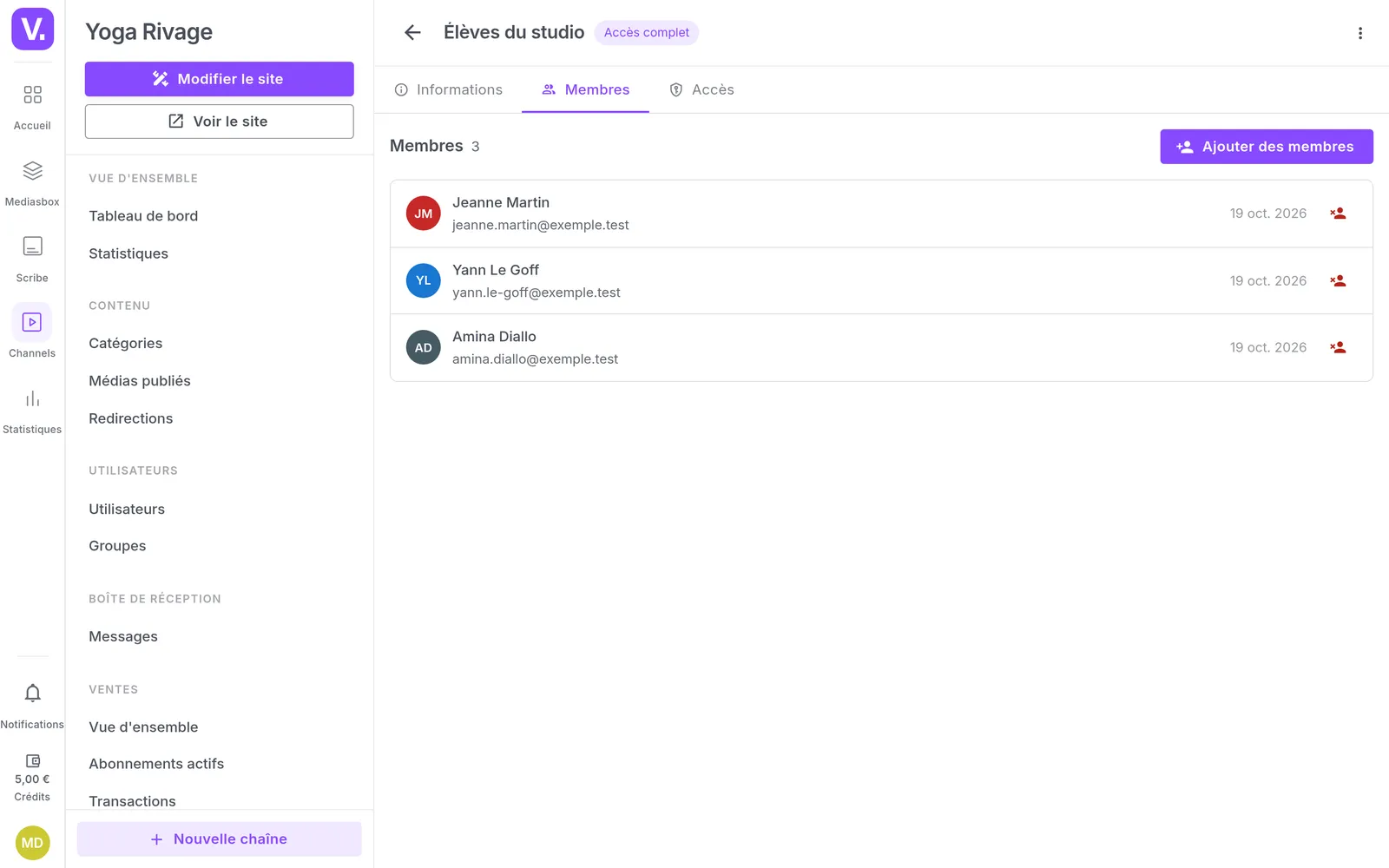 Le groupe « Élèves du studio » dans le back-office, marqué Accès complet, avec ses trois membres