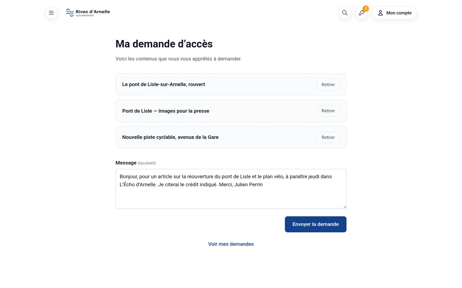 La page « Ma demande d'accès » d'un journaliste, avec trois contenus et un message