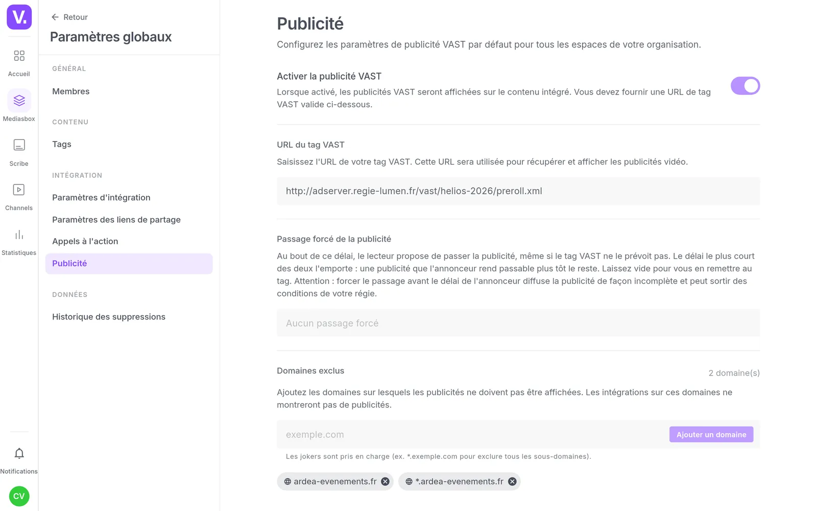 The organisation's VAST advertising settings, with the tag address and the excluded domains