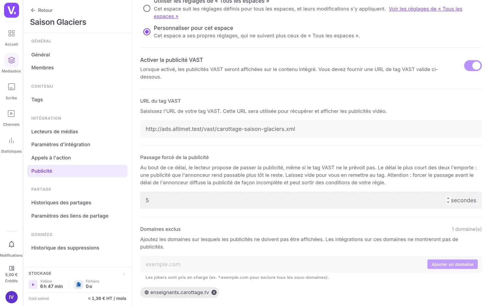 The advertising settings of the Glaciers season workspace: VAST address, delay before Skip, excluded domains