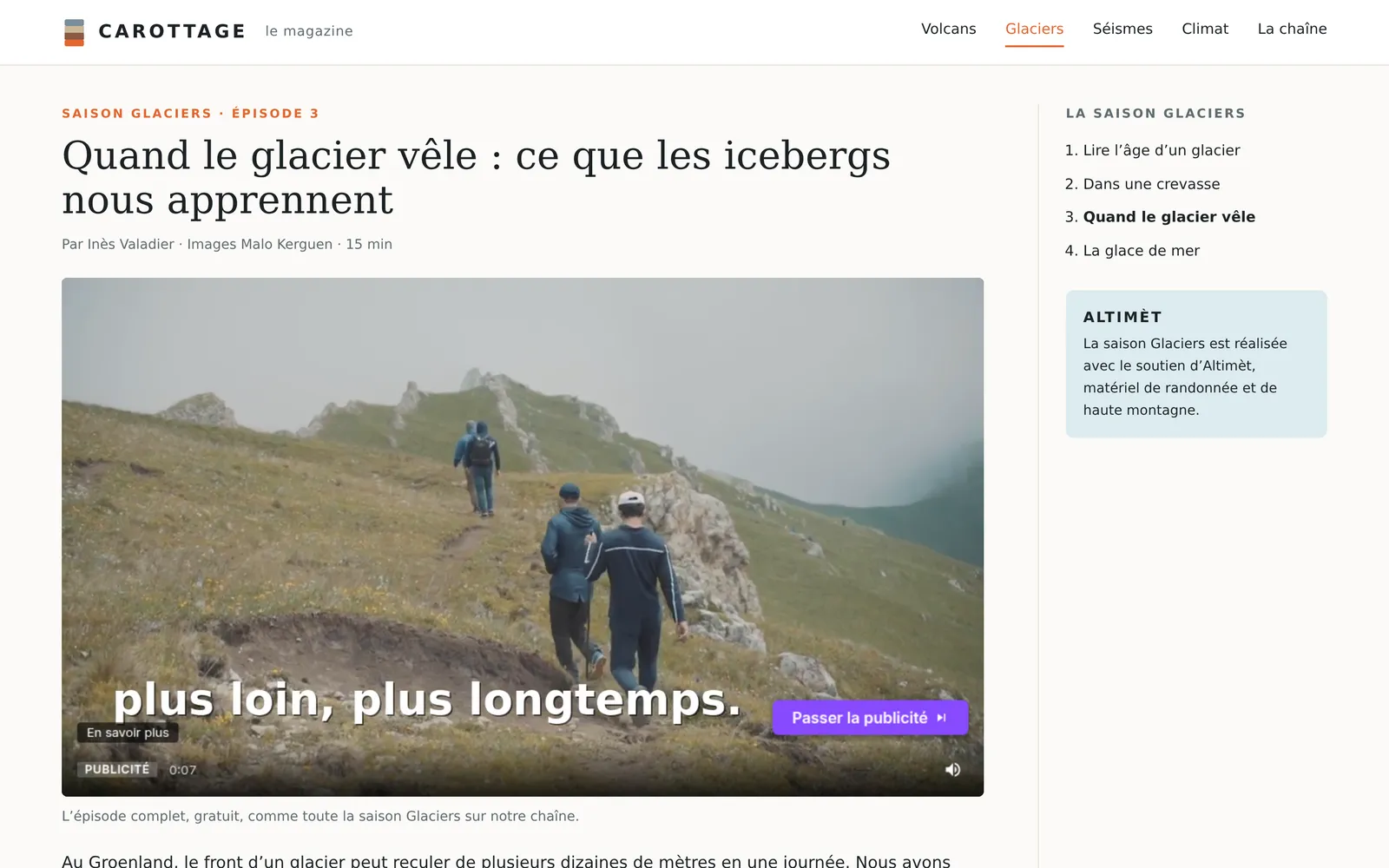 The partner's advert running before an episode embedded in a magazine article, with its countdown and Skip button