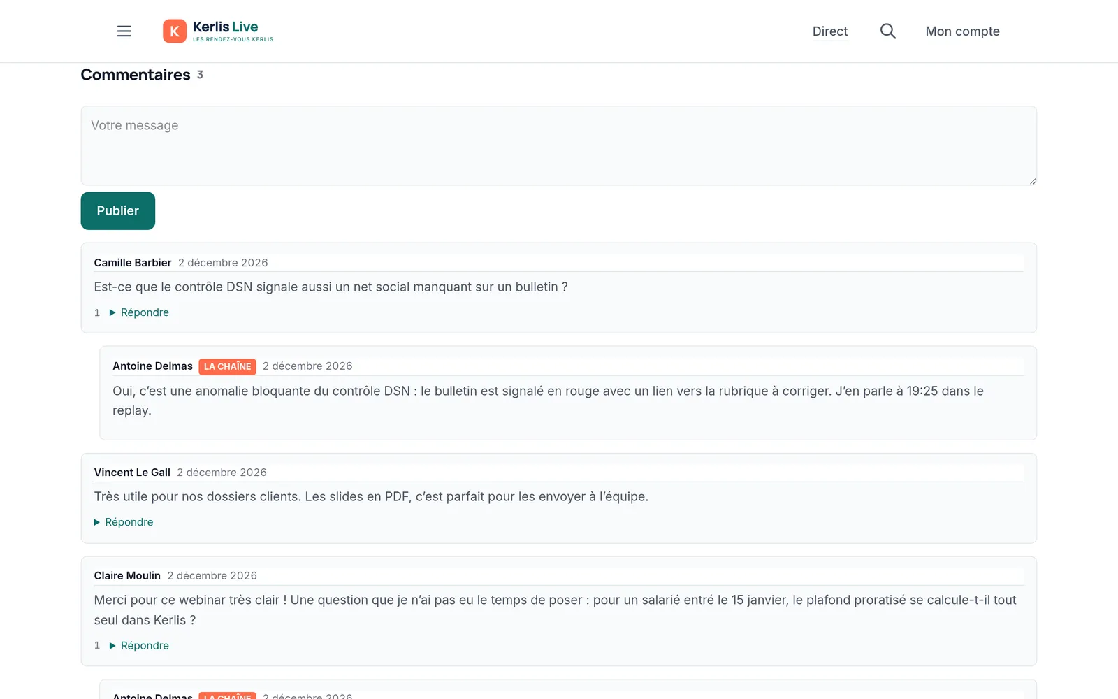 Comments under the replay: a question asked after the session and the speaker's answer, badged as the channel