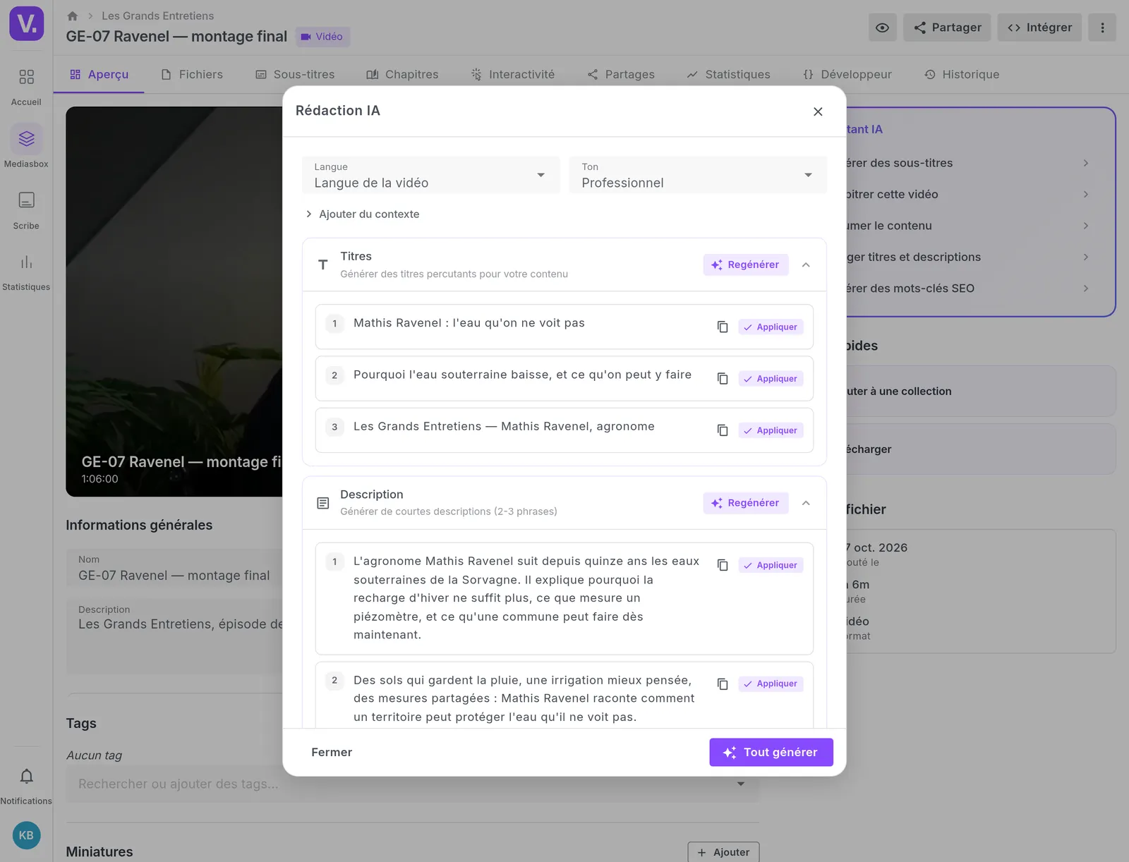 The title, description and keywords proposed from the transcript