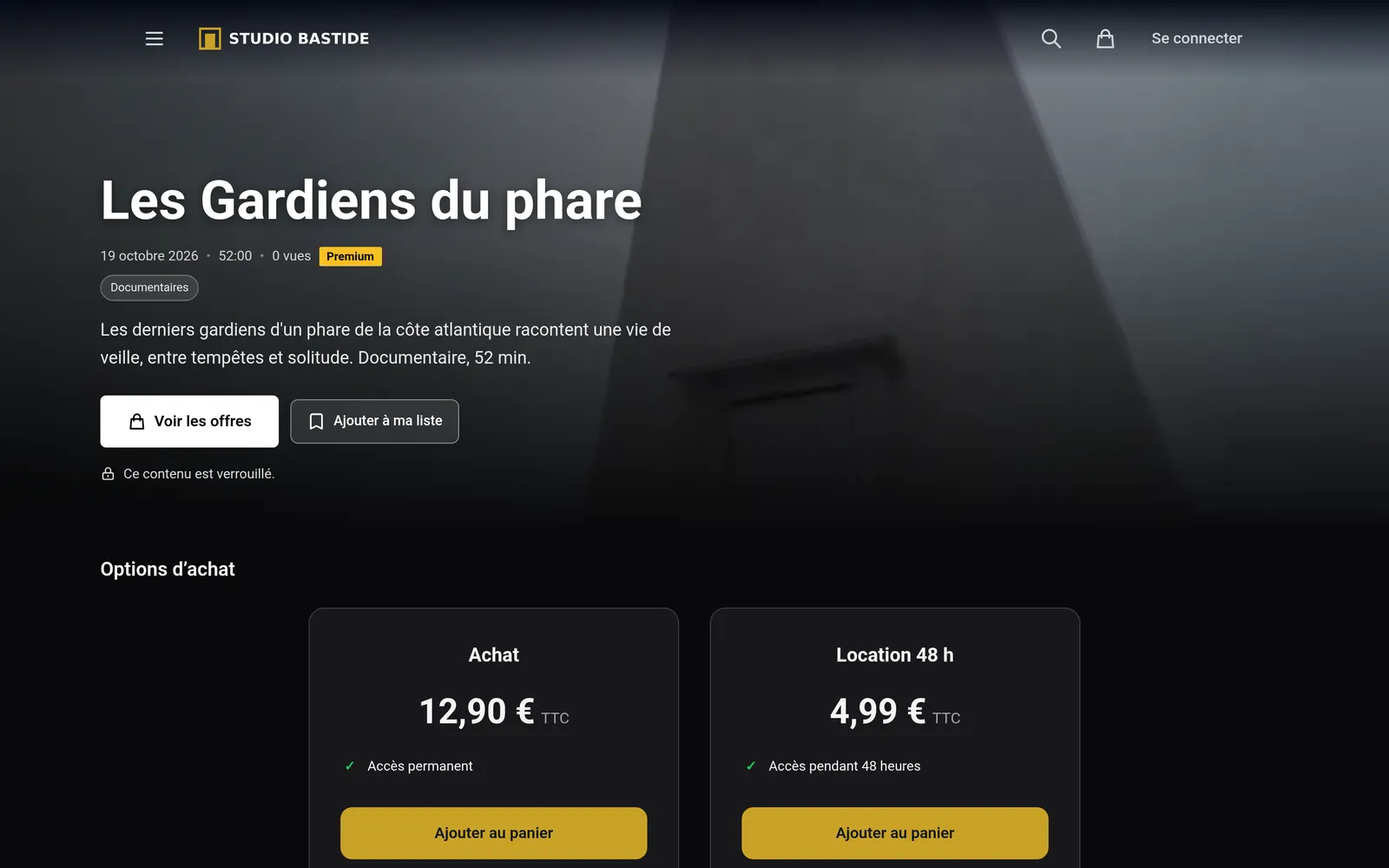 La fiche des Gardiens du phare, verrouillée, avec l'achat et la location 48 heures