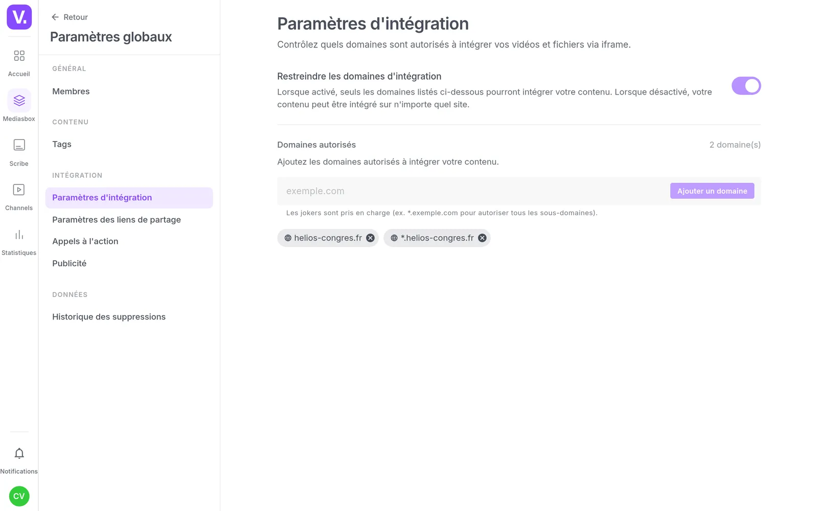 The list of domains allowed to embed the player, limited to the congress website