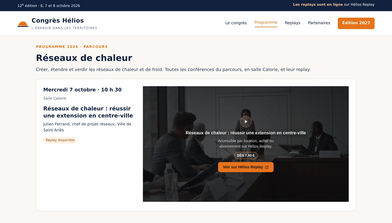 A paid talk embedded on the programme page of the congress site, with its entry price and a button to the replay channel