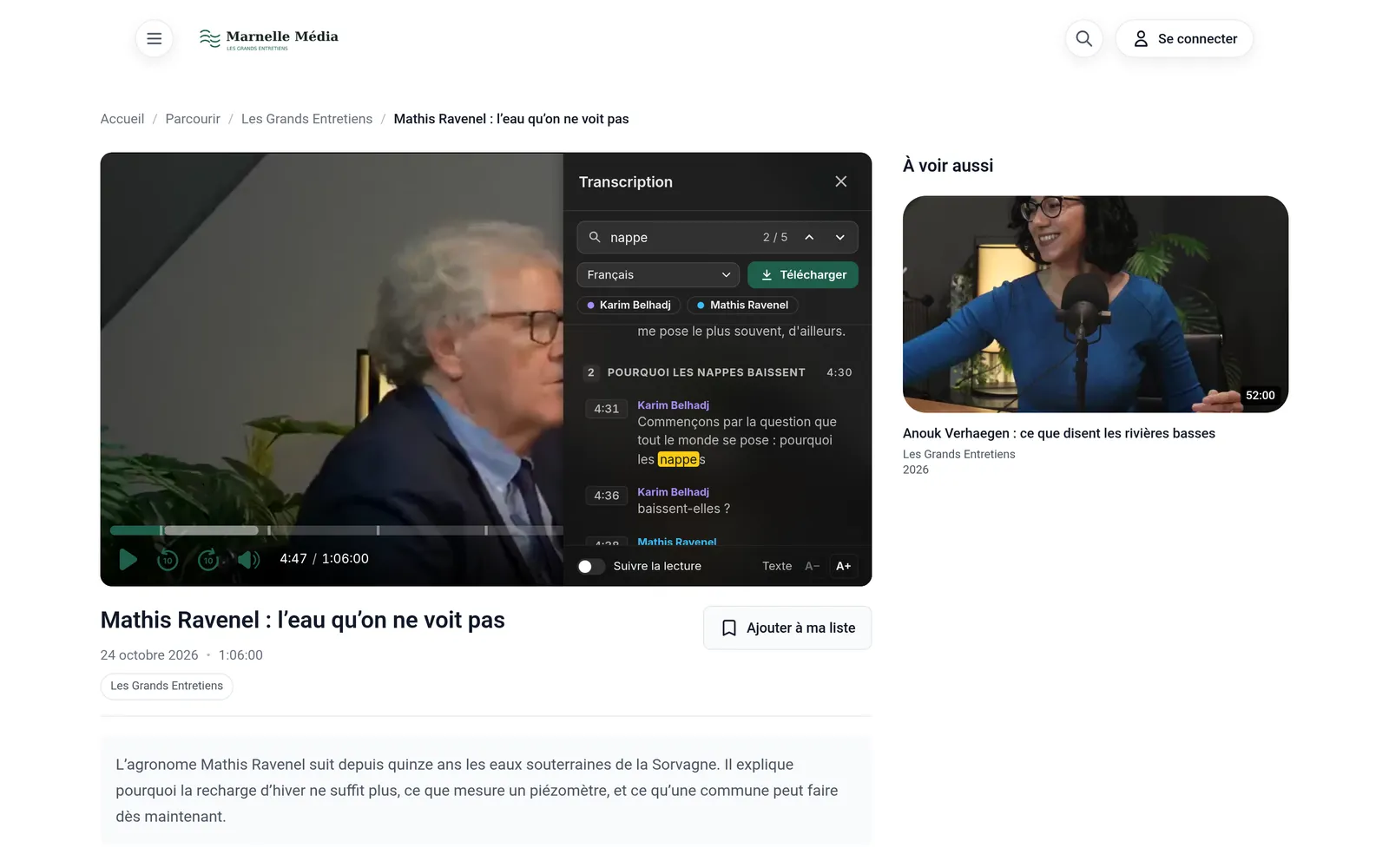 The episode on the outlet's site, player on the left and transcript panel on the right, with a highlighted search and the speakers' names