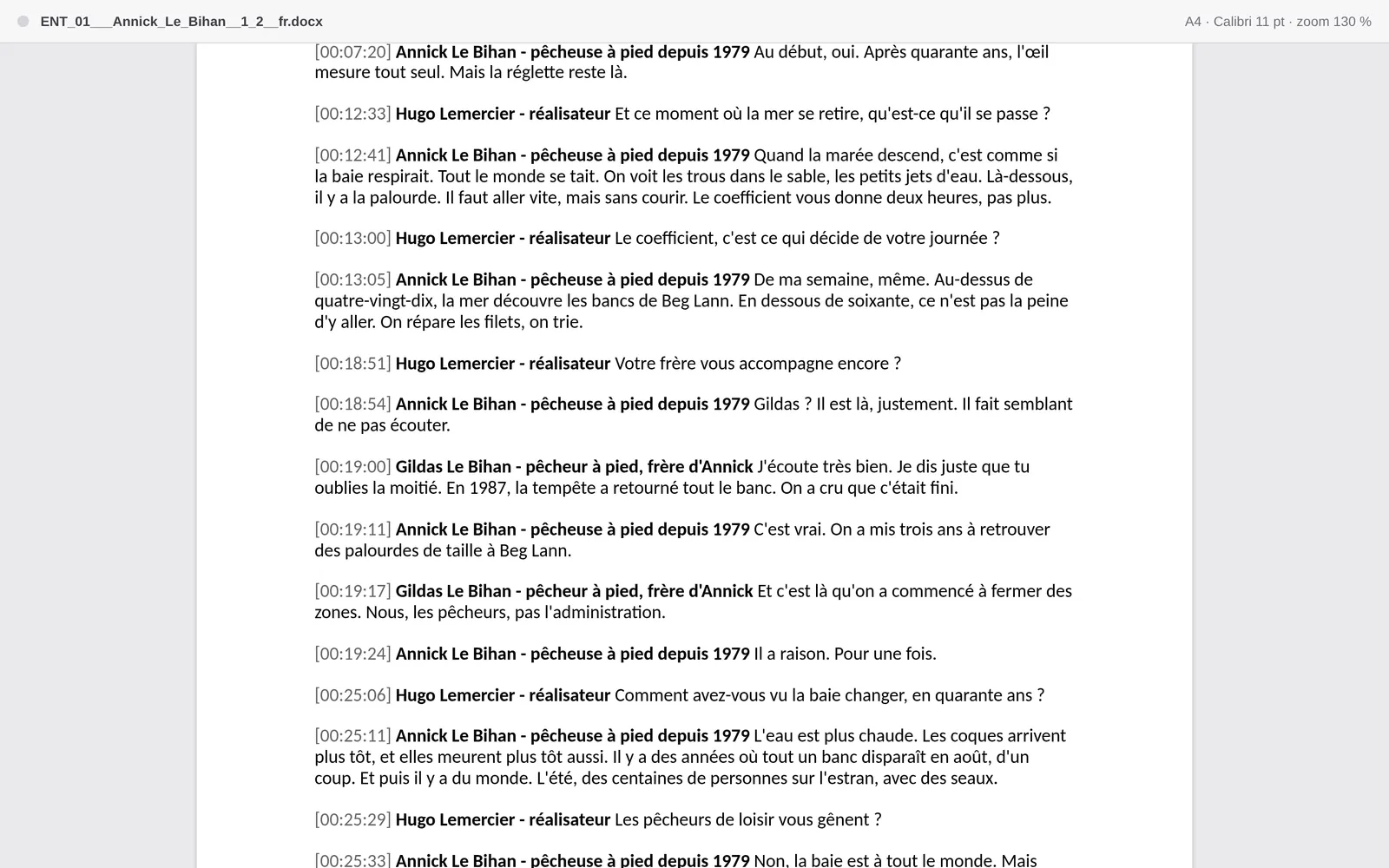 The exported Word document, one paragraph per turn opened by its timecode and then the name and role in bold