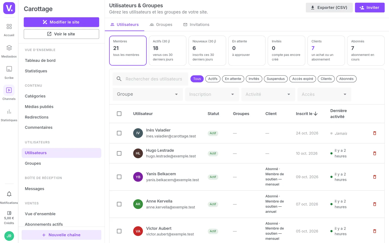 The channel's member list with counters, status, plan, newsletter consent and a CSV export button