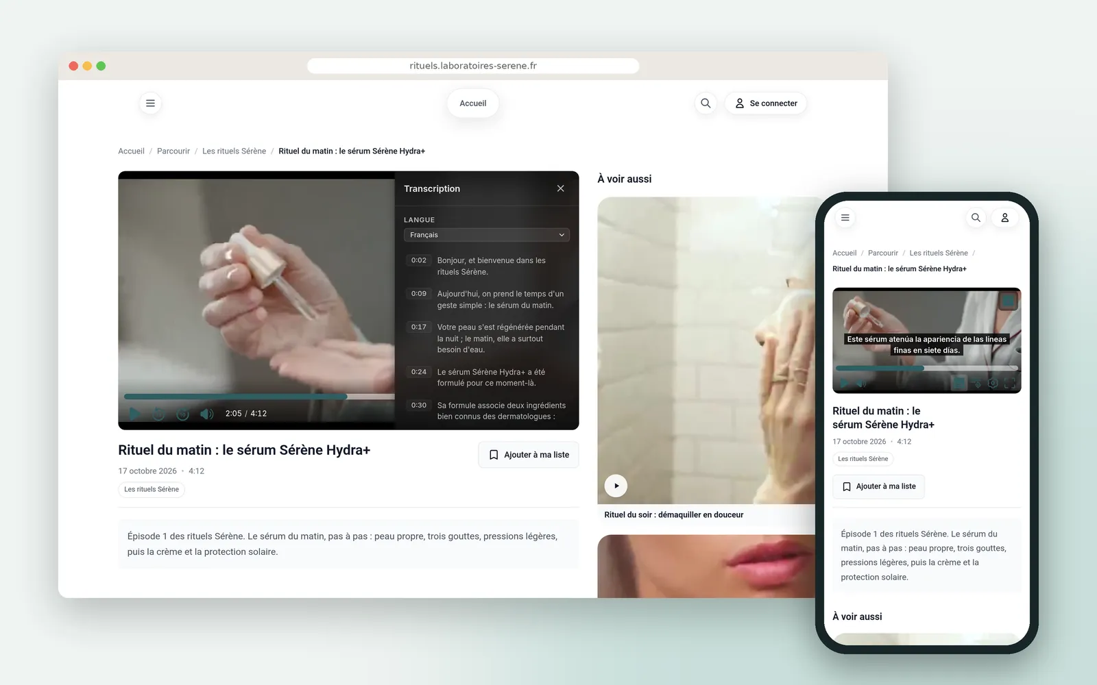 L'épisode publié sur le site du laboratoire, sur ordinateur avec le panneau Transcription ouvert, et sur téléphone avec les sous-titres espagnols