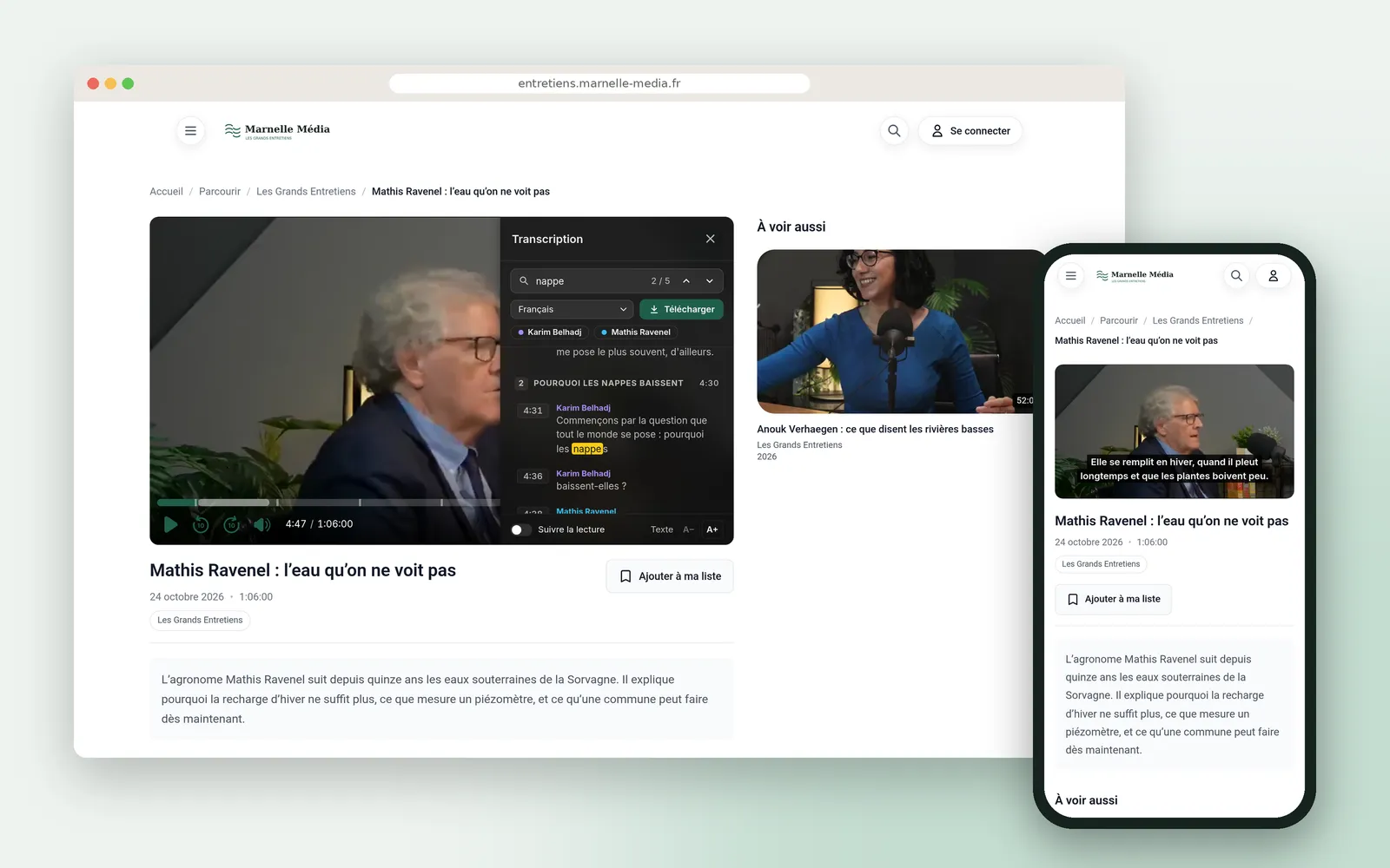 The published episode, on desktop with its transcript panel and on mobile with its French subtitles