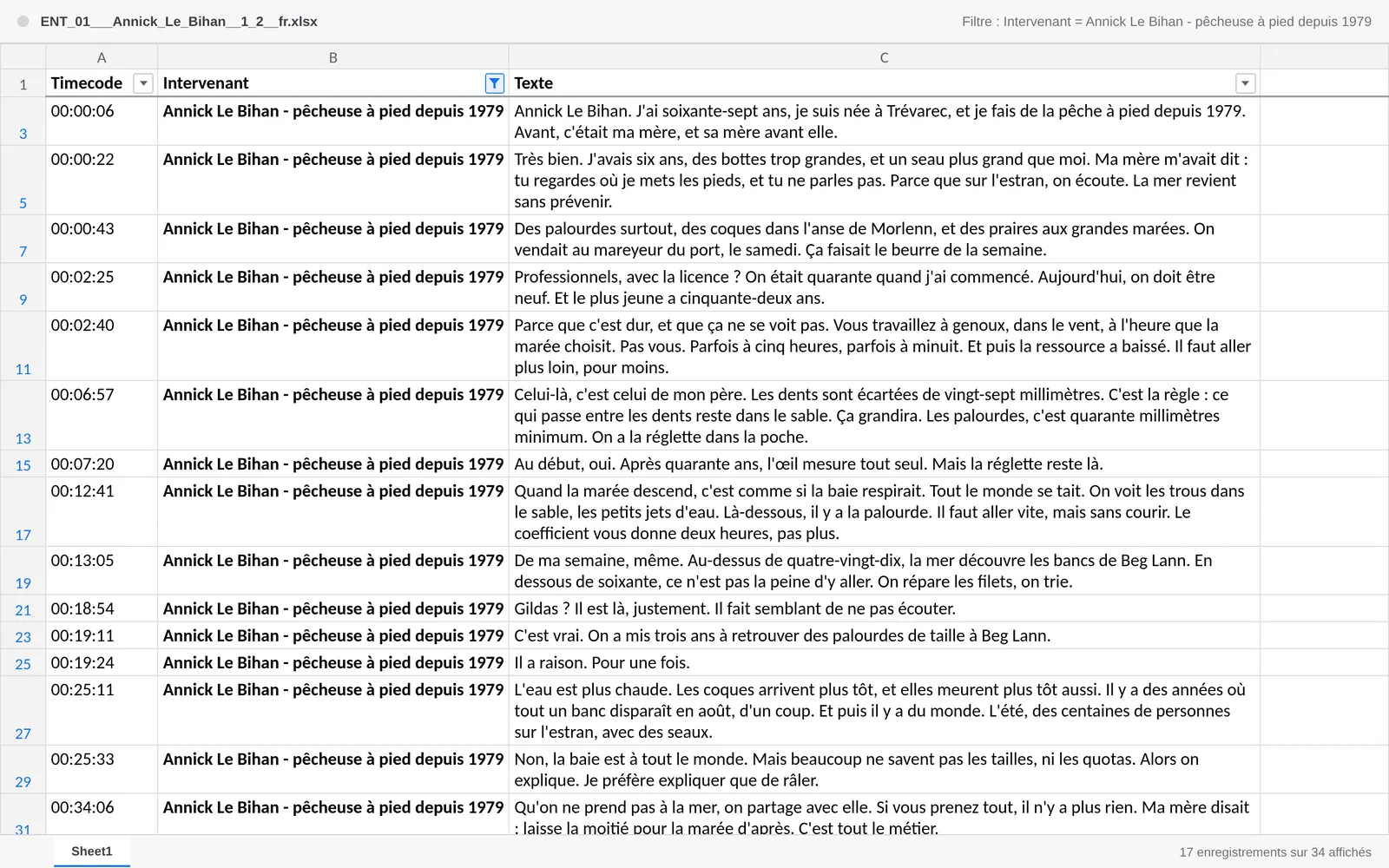 The exported spreadsheet, three columns for timecode, speaker and text, filtered on one contributor