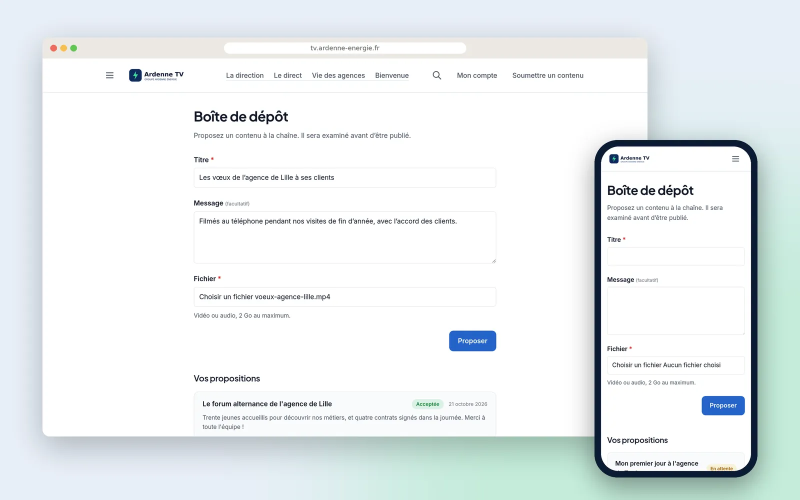 La boîte de dépôt du portail sur ordinateur et sur téléphone : titre, message facultatif, fichier, et la liste « Vos propositions » dessous