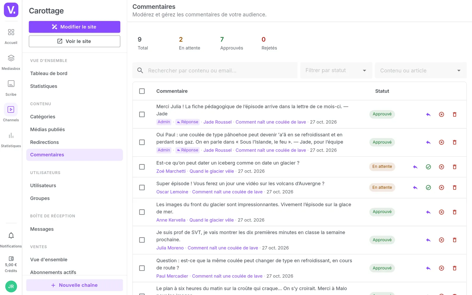Comment moderation on the channel, with a reply from the team