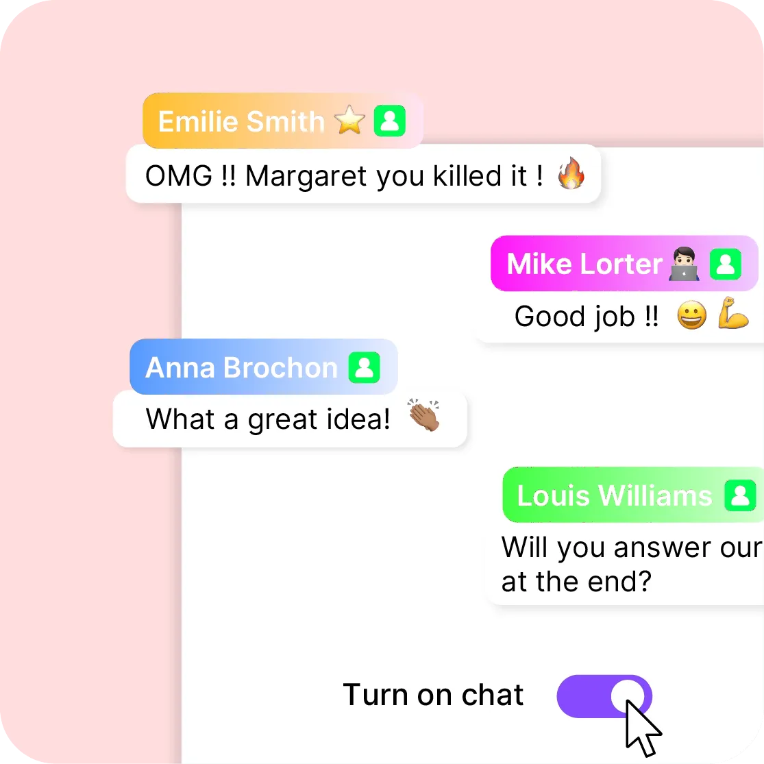 Panneau de chat en direct avec messages des spectateurs à côté du flux vidéo