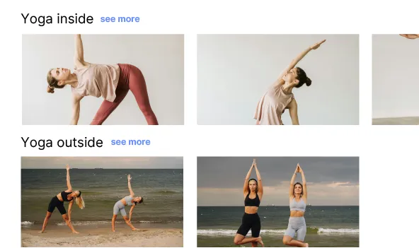 A catalog arranged in series: two rows of thumbnails, “Yoga inside” and “Yoga outside”.