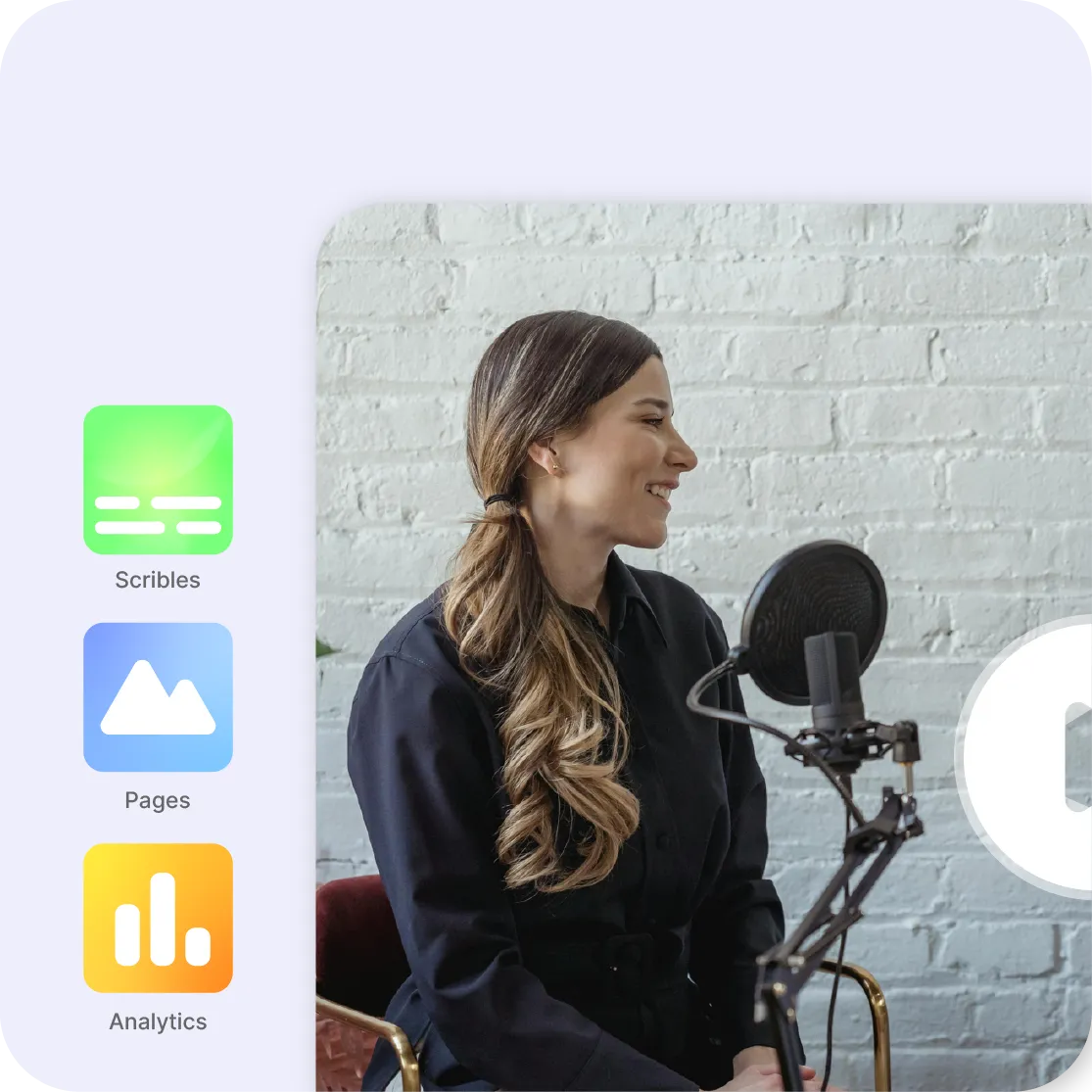 A podcast video beside the icons of the other Videas tools: subtitles, pages and analytics.