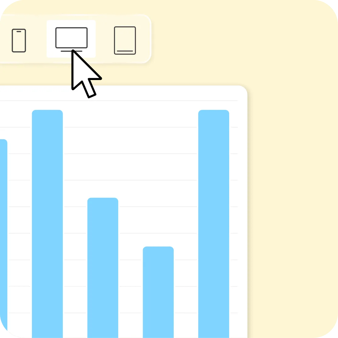 Device filter — mobile, desktop, tablet — above a bar chart of plays