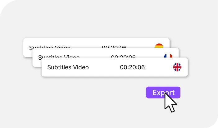 Trois pistes de sous-titres — allemand, français, anglais — et le bouton d'export.