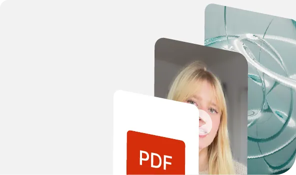 Three files stacked side by side in the media library: a PDF, a photo and a video.