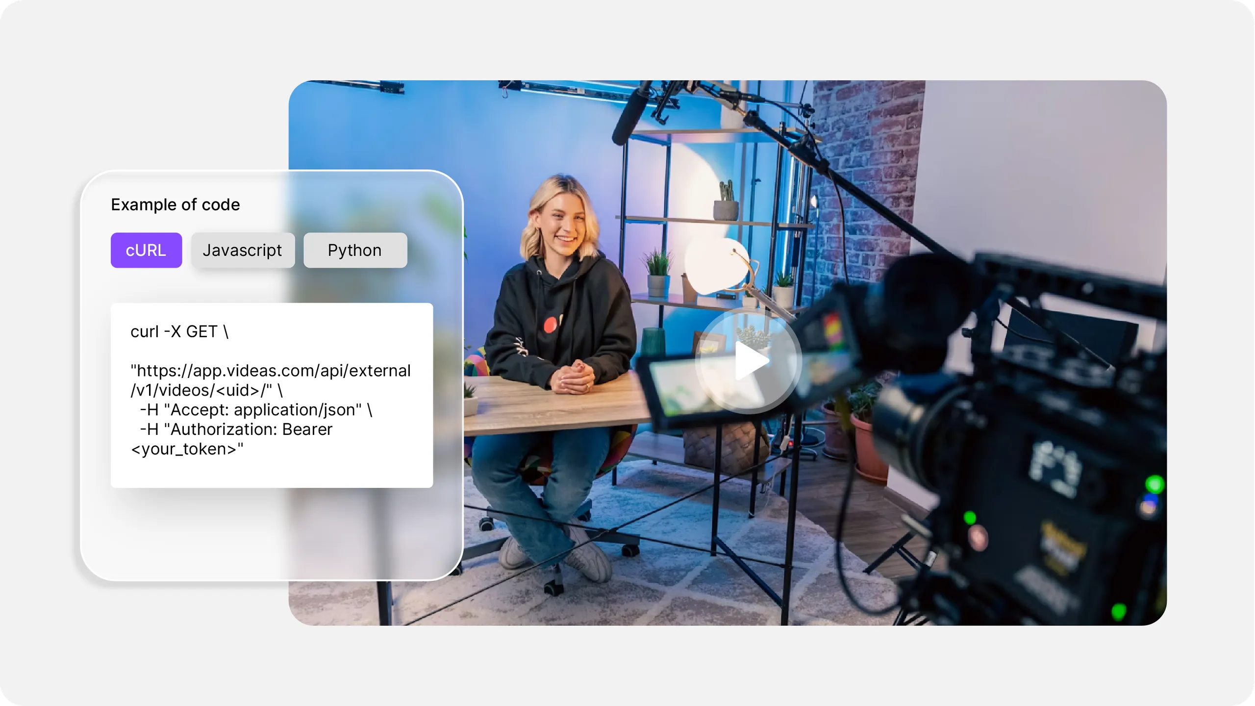 Video shoot with an embedded player, next to a code sample for the Videas API