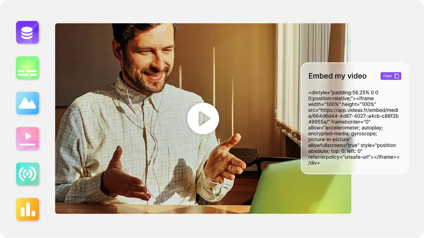 Interface Videas montrant un lecteur vidéo et un code d'intégration
