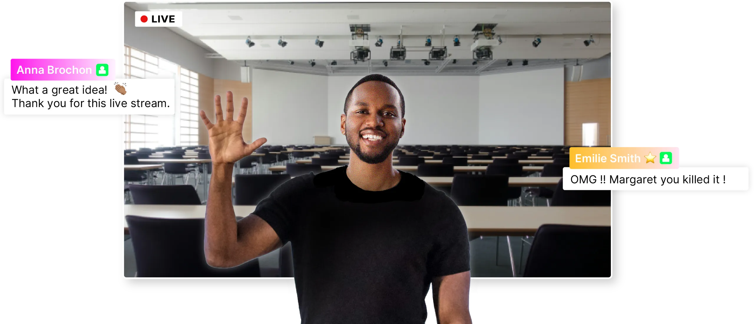 Smiling man live from a conference room, positive comments.