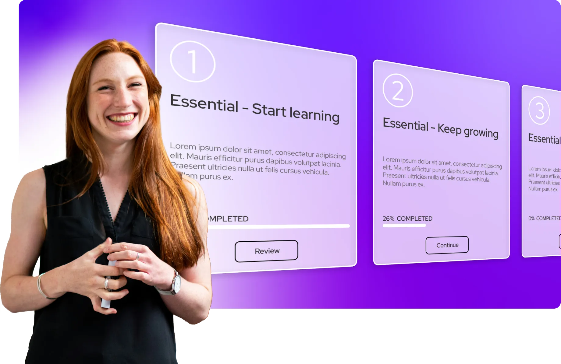 Smiling woman, learning progress with numbered steps and percentages.
