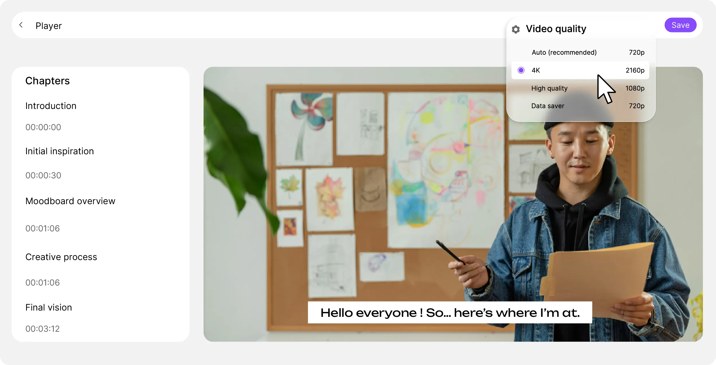 A video player with its chapters, its subtitles and its quality menu