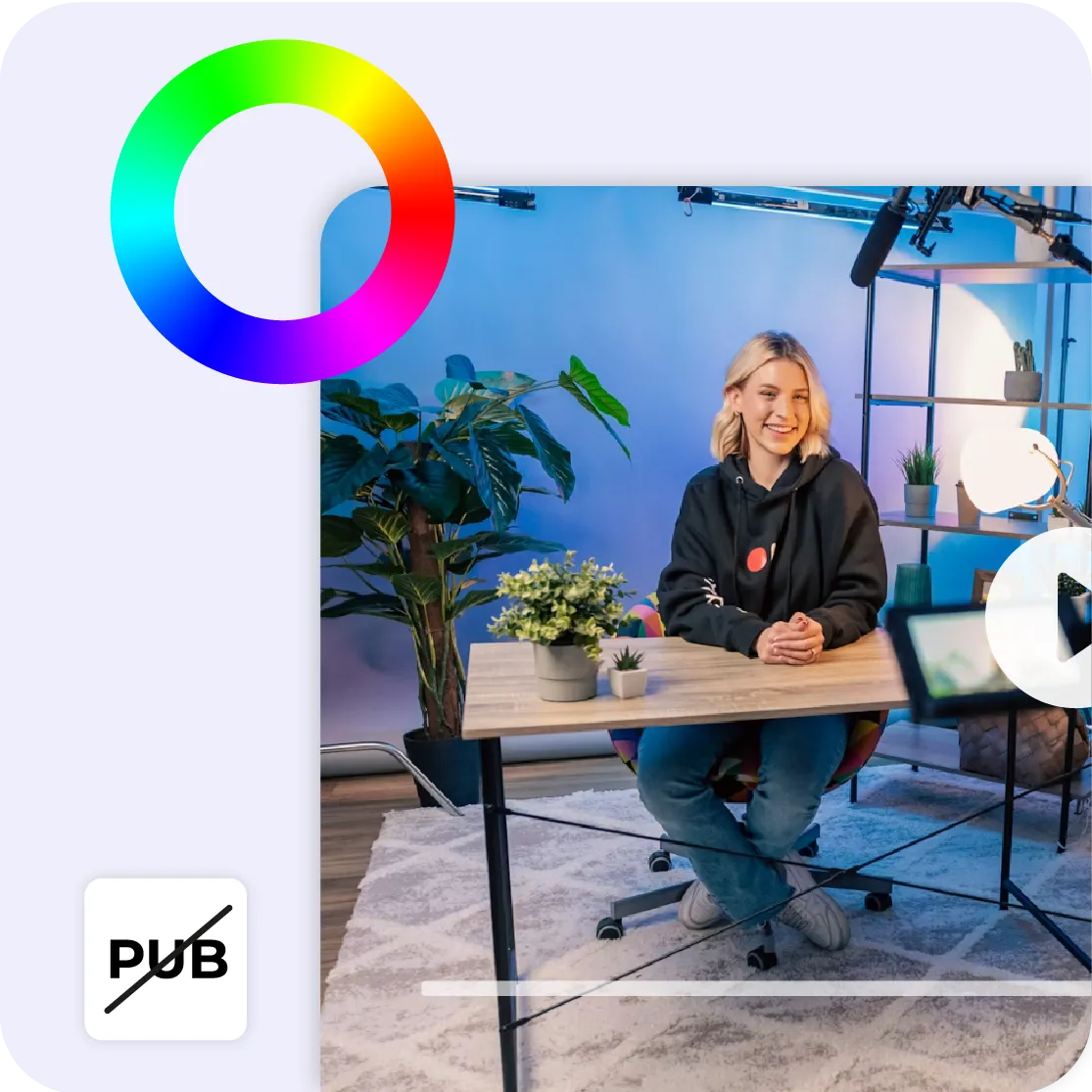 A player in its own colors and free of ads, over a video shot in a studio.