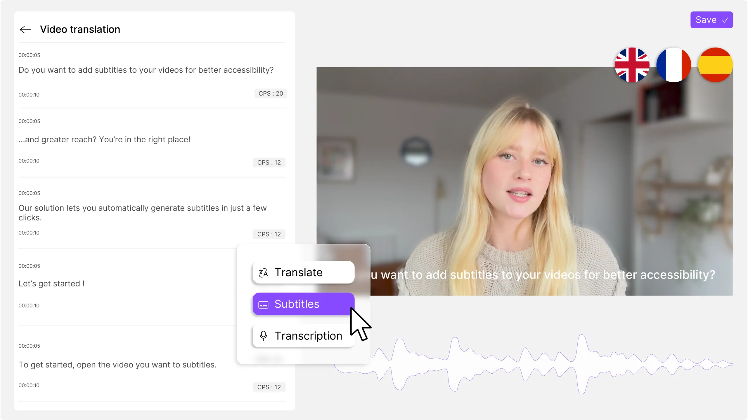 Éditeur de sous-titres Videas Scribe avec timeline, forme d'onde et sélecteur de pistes multilingues