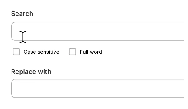 Le rechercher-remplacer de l'éditeur : champ de recherche, options de casse et champ de remplacement.