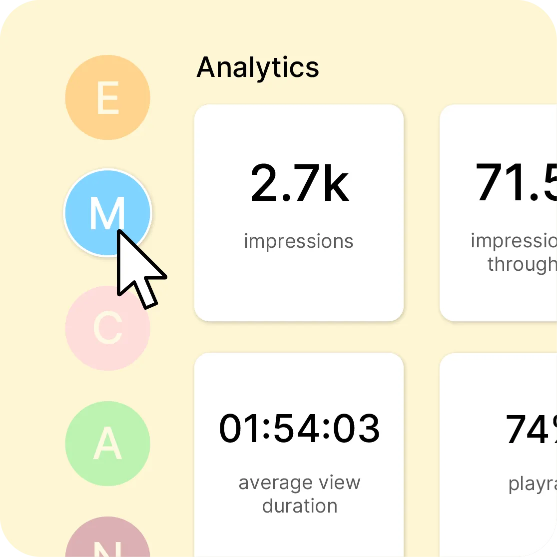 Analytics metric cards — impressions, average view duration, playrate — beside user avatars