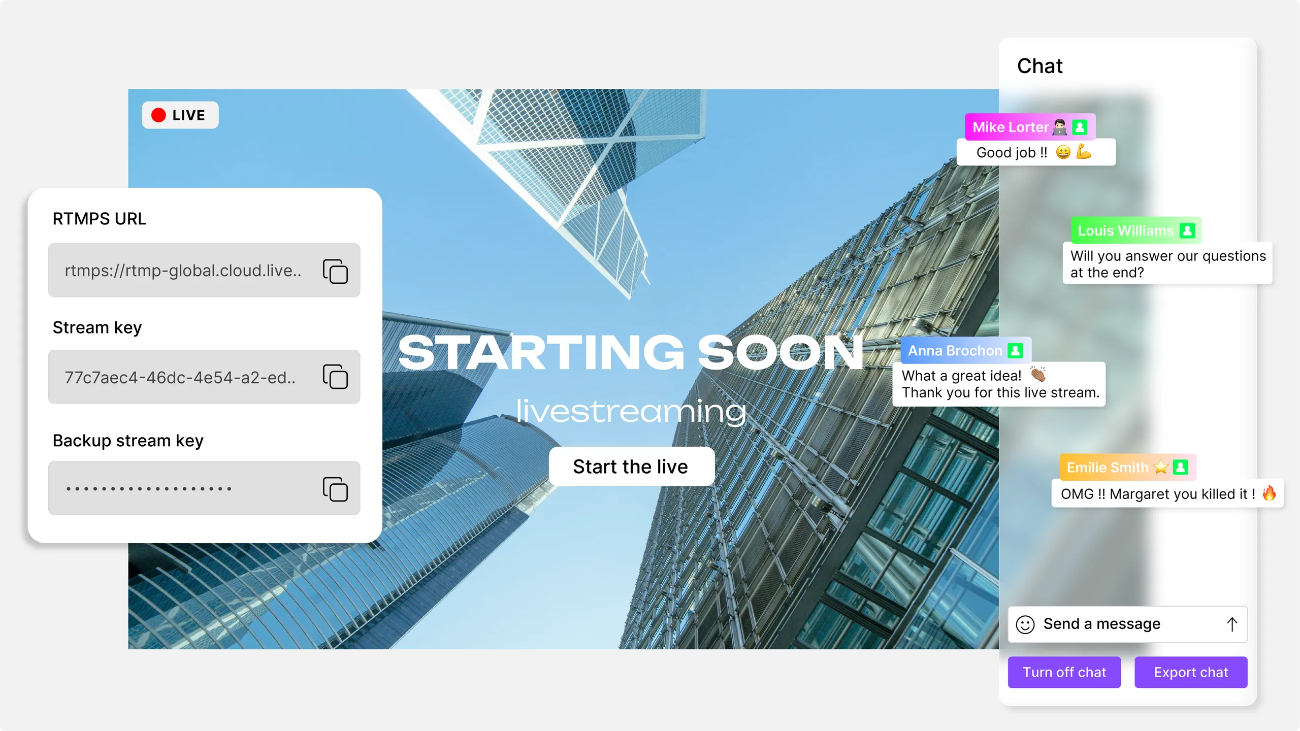 Interface Videas Stream montrant une diffusion live avec chat et compteur de spectateurs