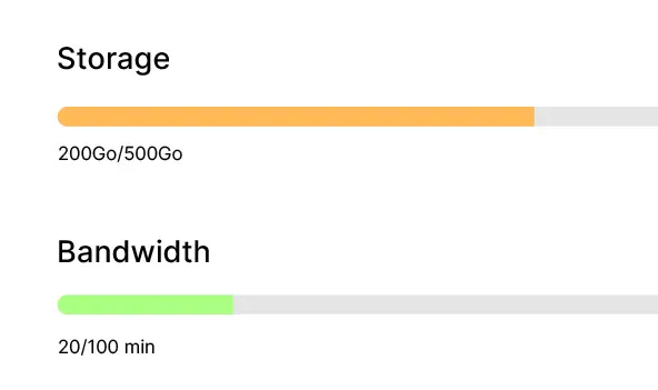 Deux jauges de consommation : stockage à 200 Go sur 500, bande passante à 20 minutes sur 100.
