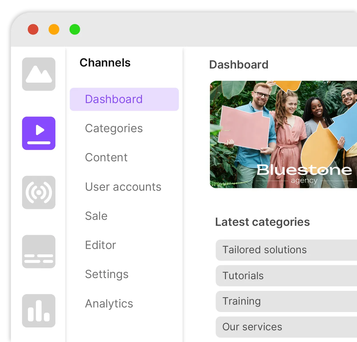 Admin dashboard interface for channel and Web TV content management.