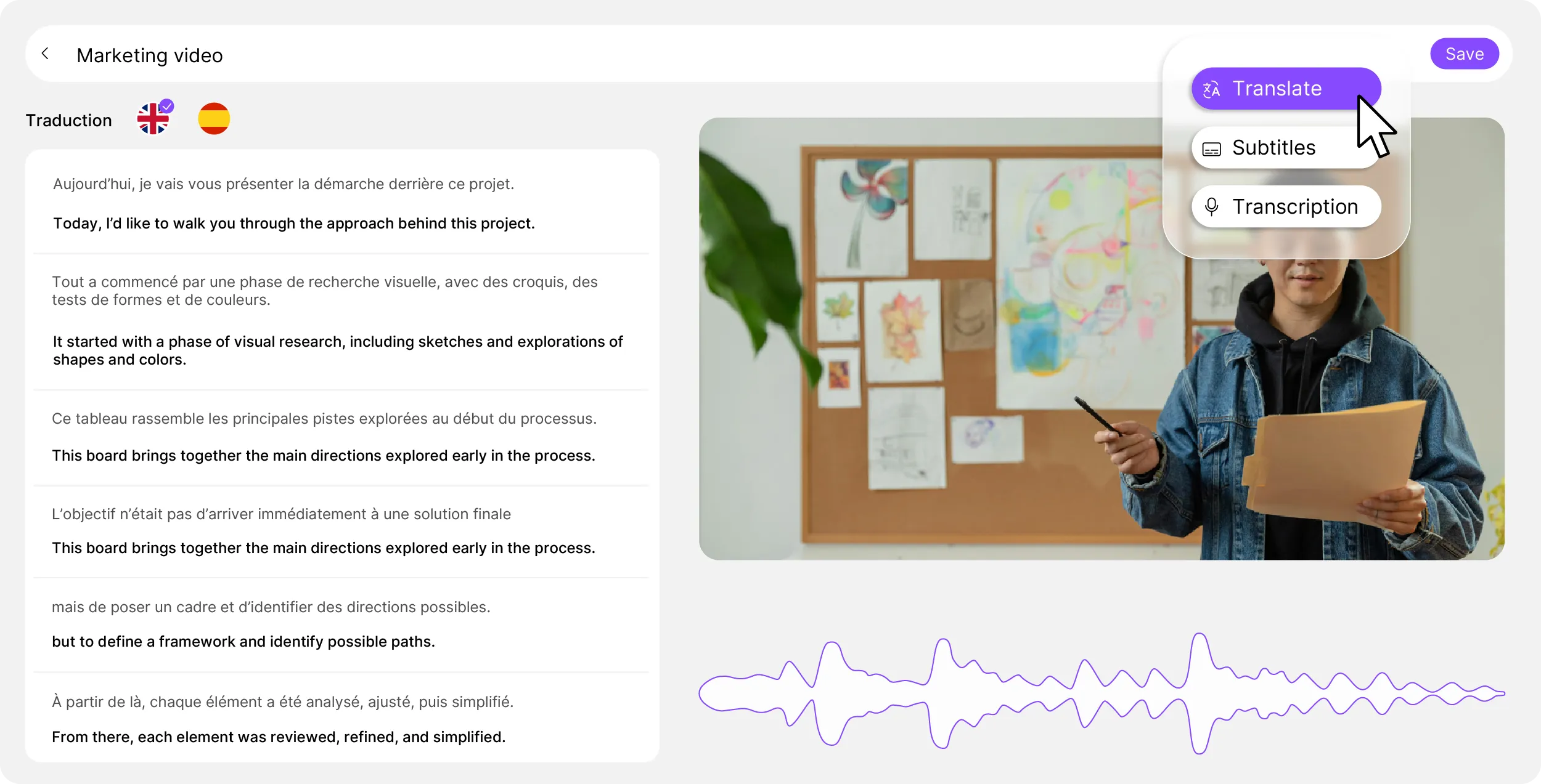 A source text and its translation side by side, next to the player and its waveform