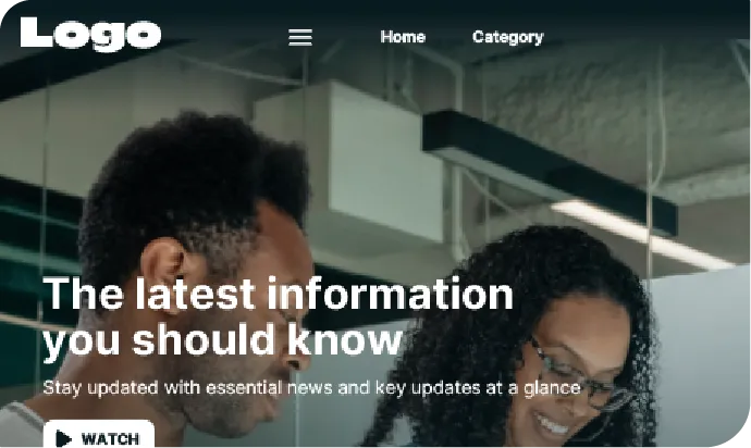 La page d'accueil d'une web TV : logo, menu, image de une et bouton de lecture.