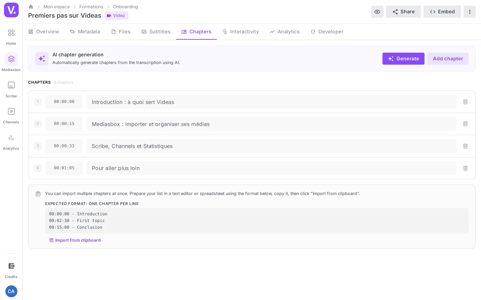 the chapter editor with its audio analysis banner and the chapter list