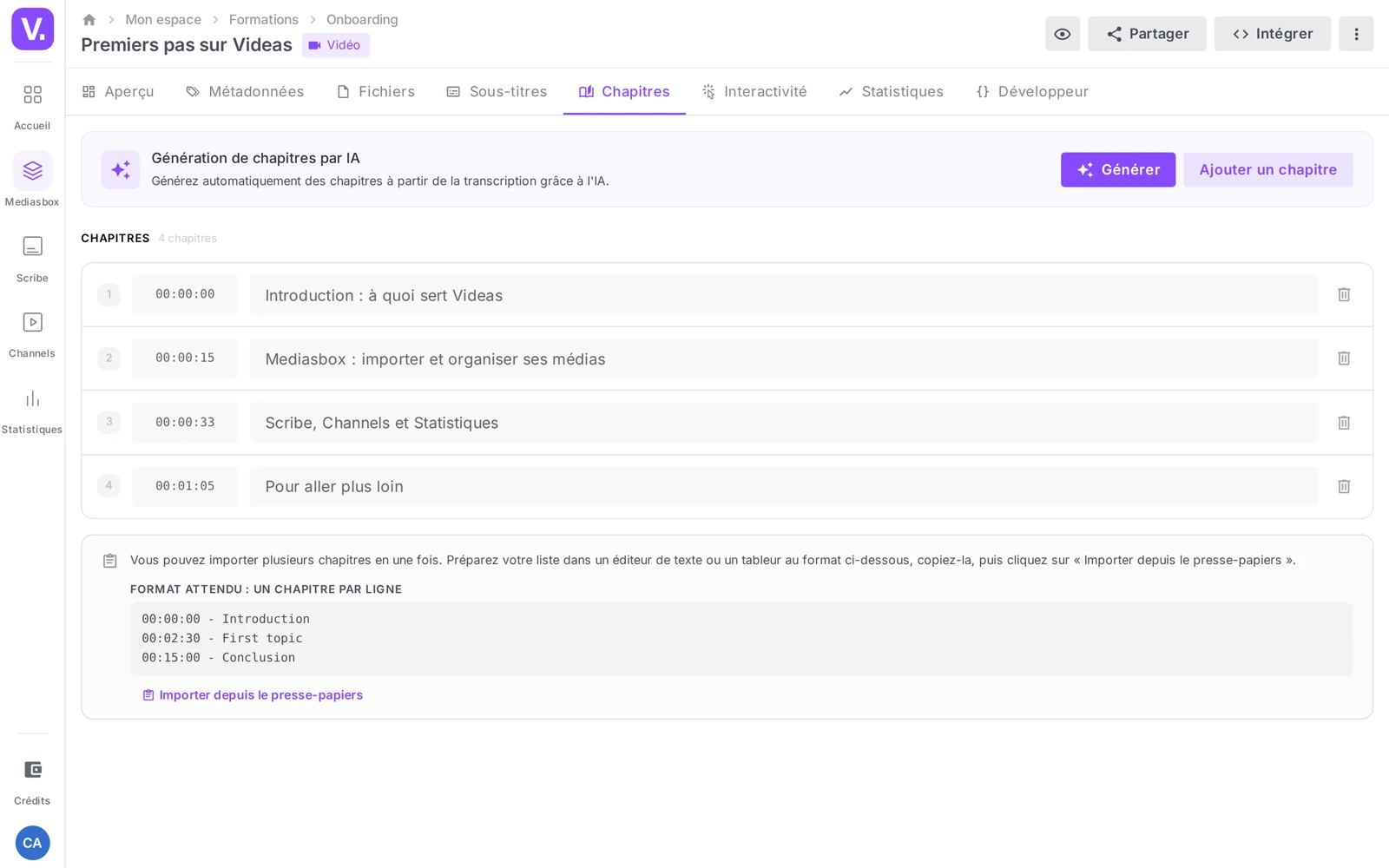 l’éditeur de chapitres avec son bandeau d’analyse audio et la liste des chapitres