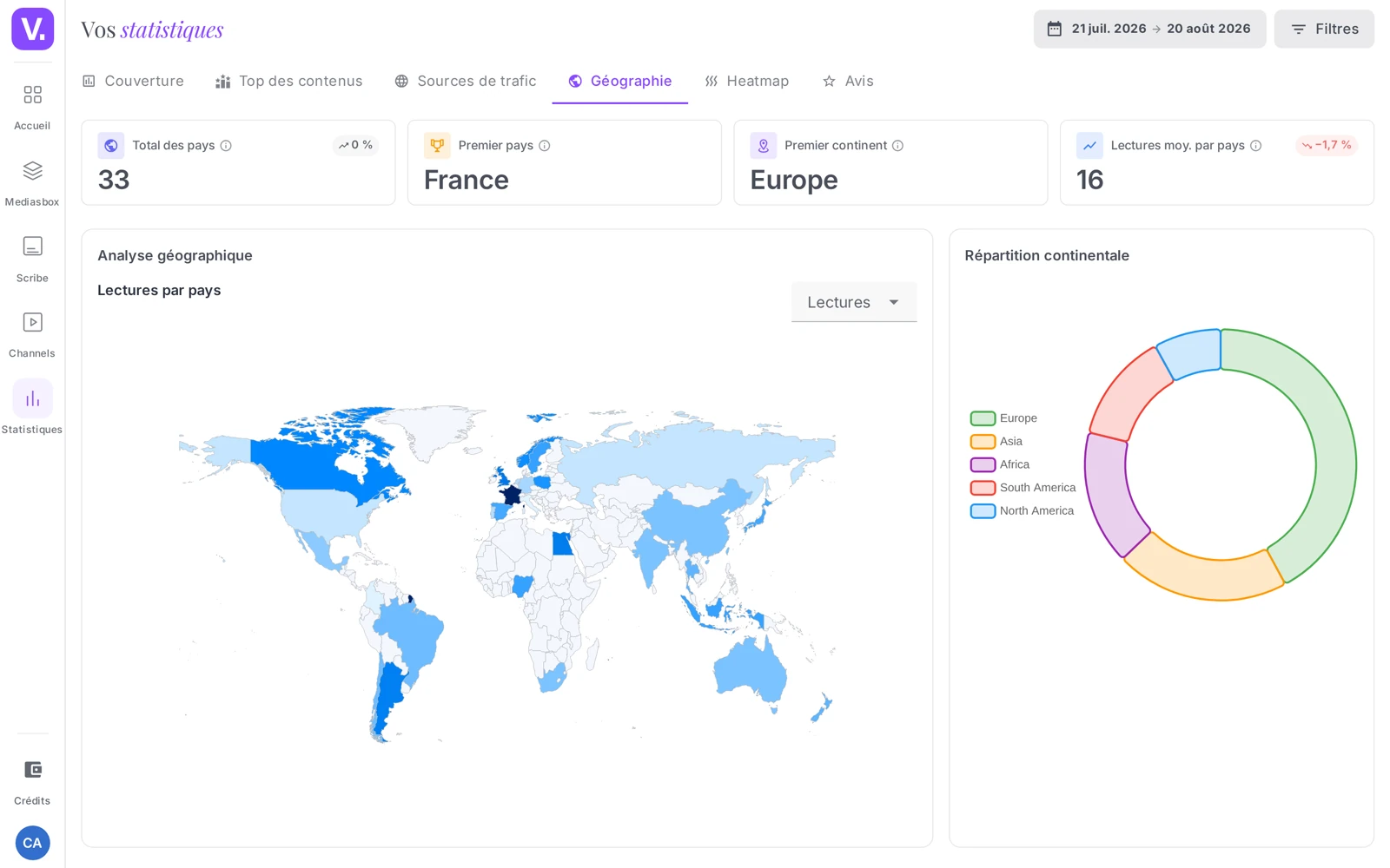 la carte du monde colorée par intensité de lecture, à côté de la répartition continentale