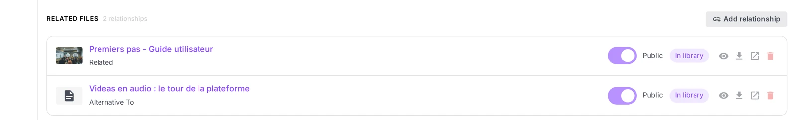 the “Attached files” section with the “Add a relation” button
