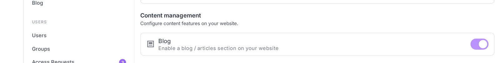 Settings → Options, Content management section, Blog toggle