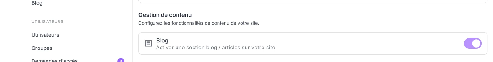 Paramètres → Options, section Gestion de contenu, toggle Blog